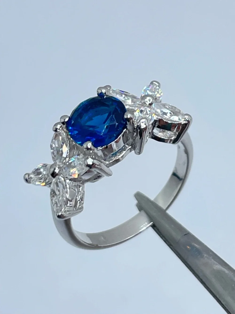 Sapphire Blue Diamond White Swarovski Crystal Elements Floral Ring Silver Sz 7